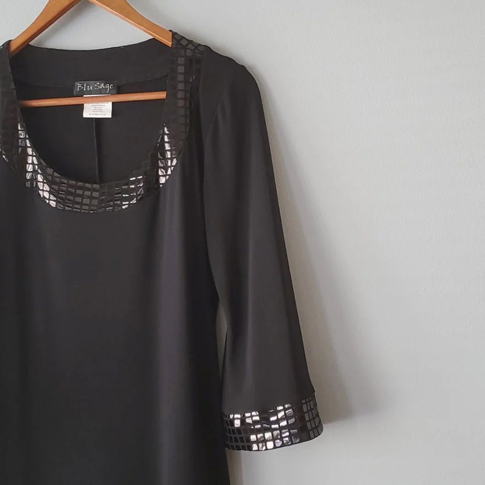 Blue Sage Black Scoop Neck Metallic Shift Mini Dress NWOT Womens Medium - Picture 4 of 8